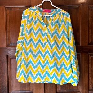 Macbeth Collection by Margaret Josephs Yellow Blue Chevron Blouse Size Medium